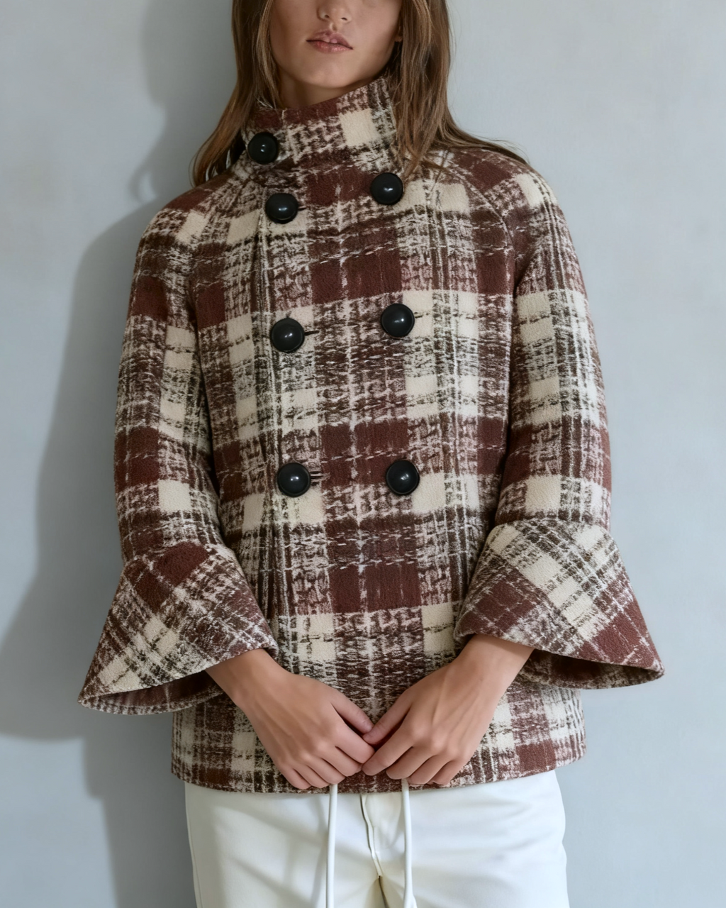 Tweed Check Double Breasted Swing Jacket - Red - 3