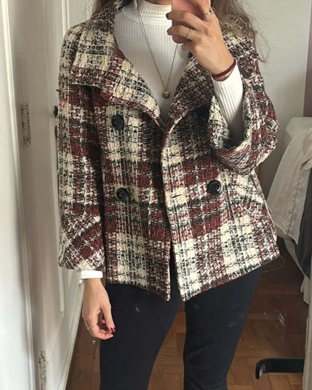 Tweed Check Double Breasted Swing Jacket - Red - 4