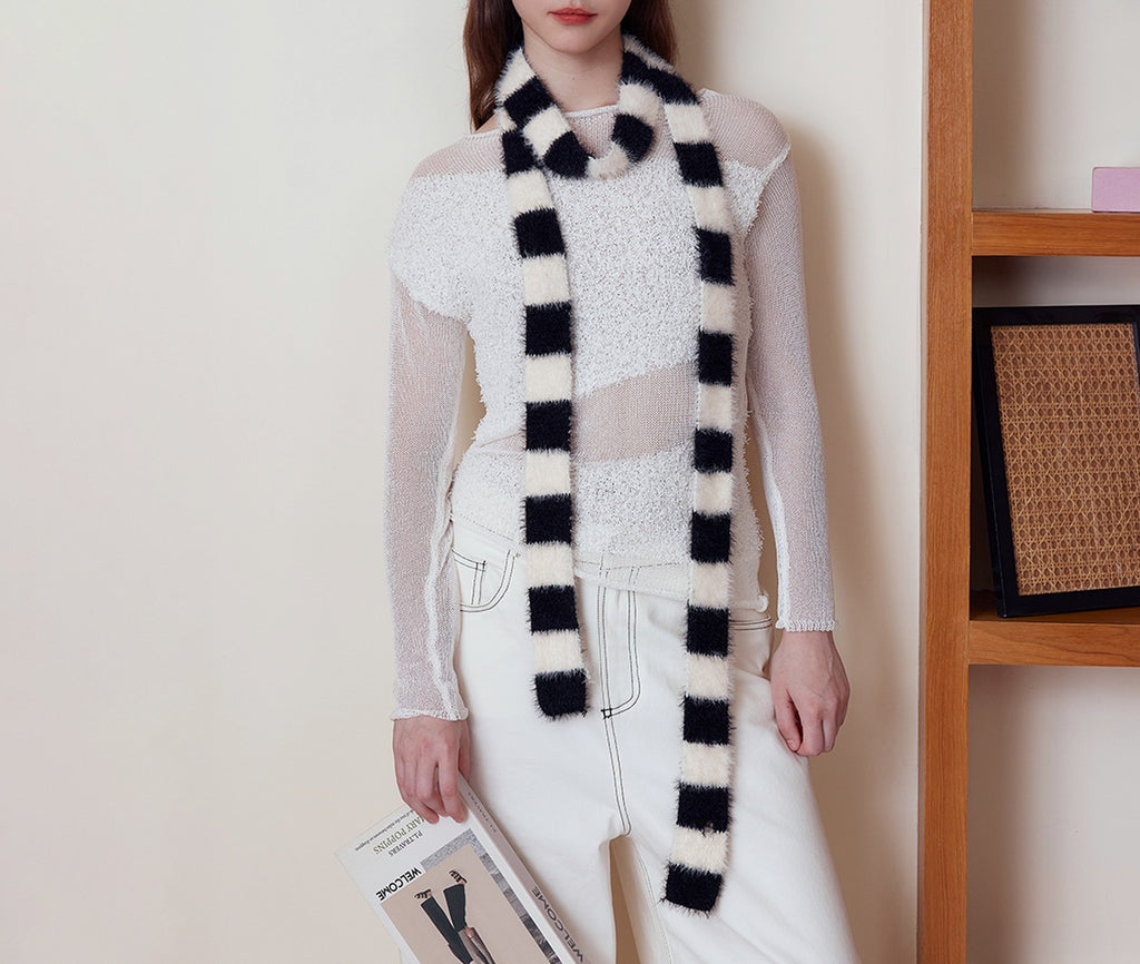 Fuzzy Checkerboard Skinny Knit Scarf - Black