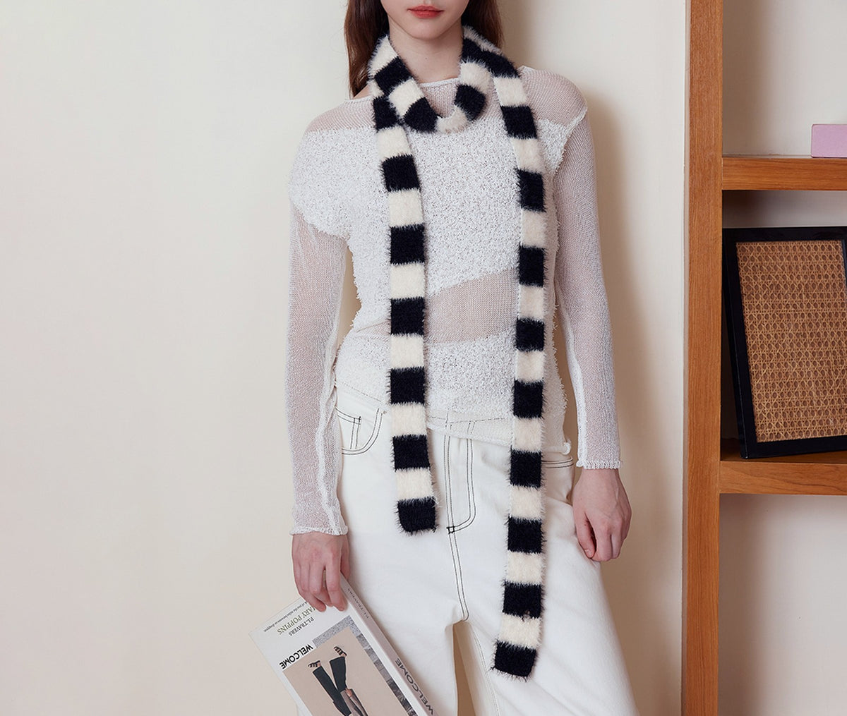 Fuzzy Checkerboard Skinny Knit Scarf - Black