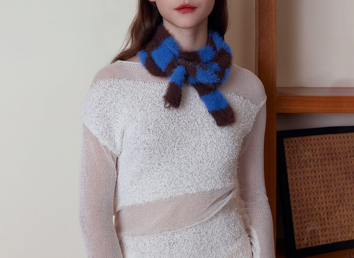 Fuzzy Checkerboard Skinny Knit Scarf - Blue