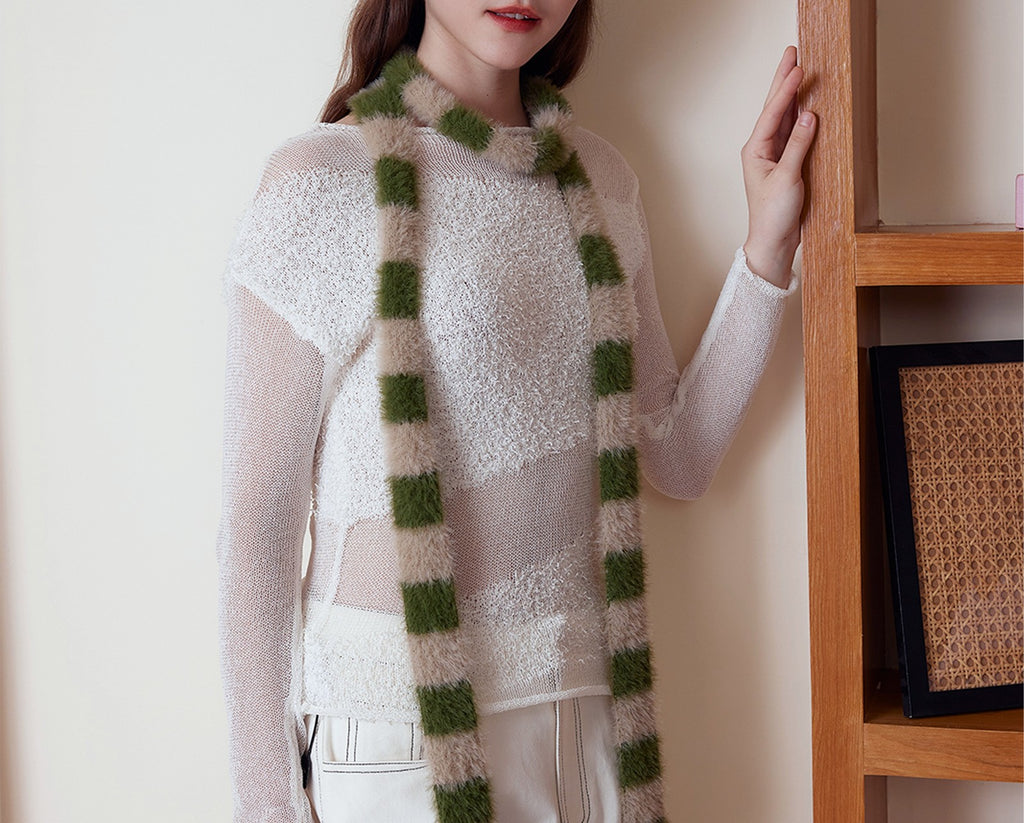 Fuzzy Checkerboard Skinny Knit Scarf - Brown