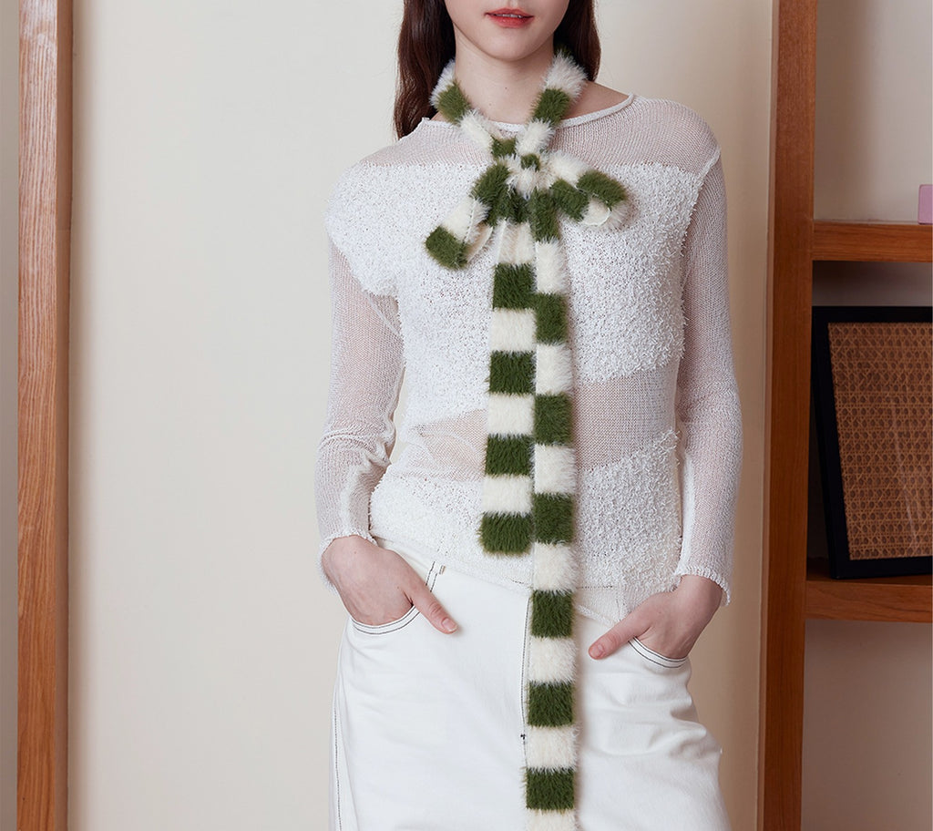 Fuzzy Checkerboard Skinny Knit Scarf - Green