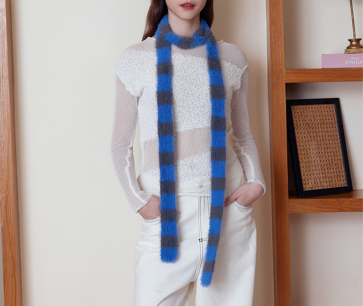 Fuzzy Checkerboard Skinny Knit Scarf - Grey