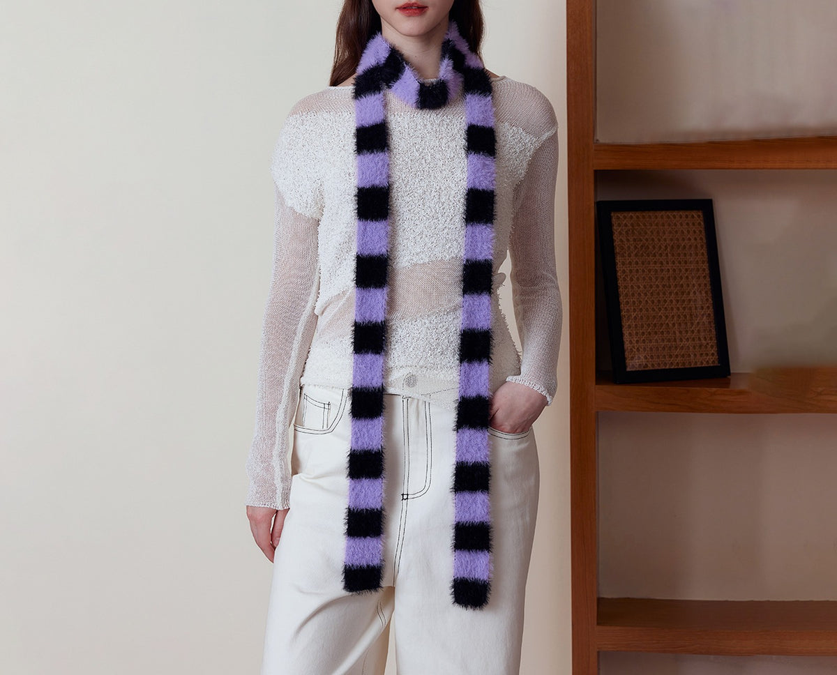 Fuzzy Checkerboard Skinny Knit Scarf - Purple