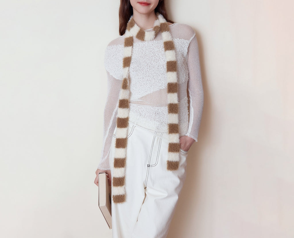 Fuzzy Checkerboard Skinny Knit Scarf - White