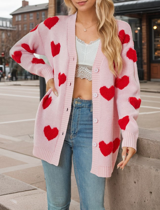 Longline Heart Motif Button Front Cardigan - Pink
