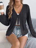 Pointelle Knit Tie Front Bell Sleeve Cardigan - Black