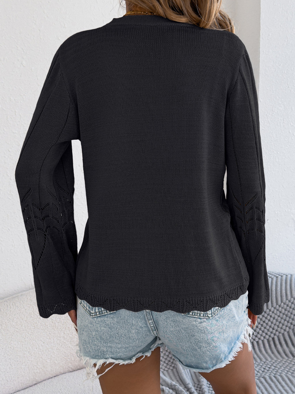 Pointelle Knit Tie Front Bell Sleeve Cardigan - Black - 1