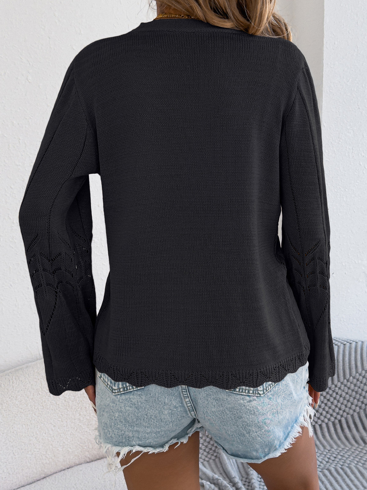 Pointelle Knit Tie Front Bell Sleeve Cardigan - Black - 1