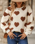 Fuzzy Teddy Heart Pattern Crewneck Sweatshirt - khaki