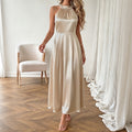 Champagne Satin Pearl Trim Halter Neck Midi Dress - Champagne
