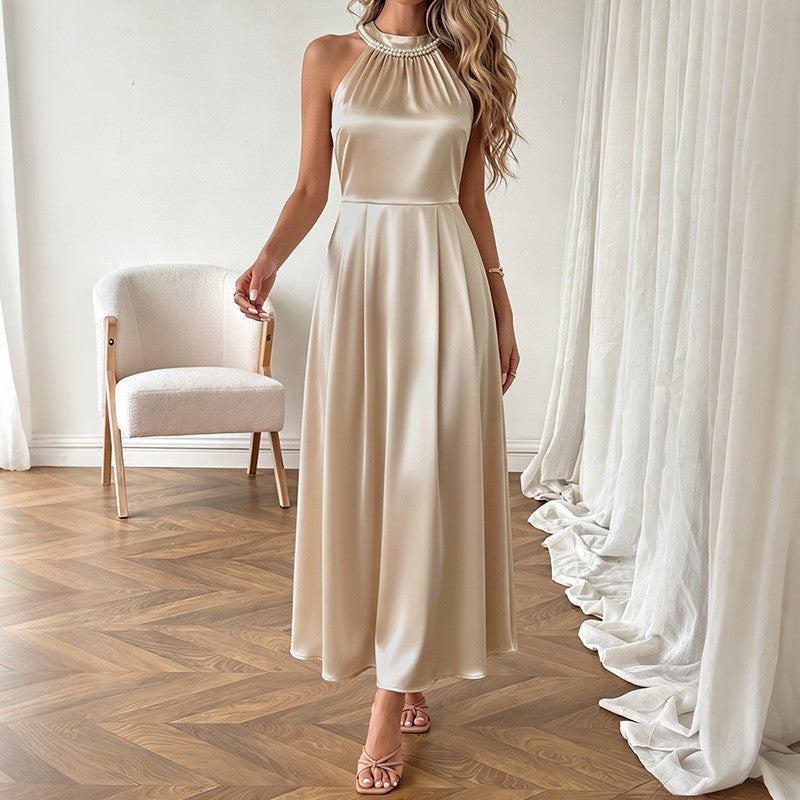 Champagne Satin Pearl Trim Halter Neck Midi Dress