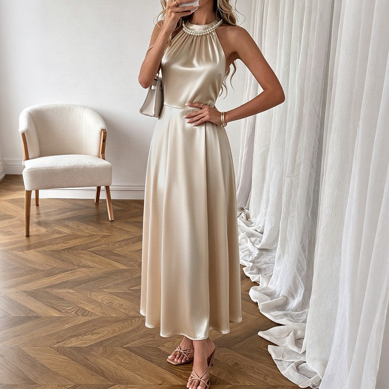 Champagne Satin Pearl Trim Halter Neck Midi Dress