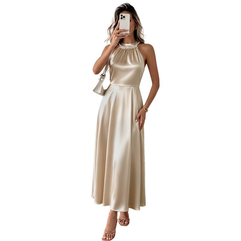 Champagne Satin Pearl Trim Halter Neck Midi Dress