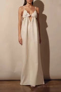 Bow Strap Button Front Slip Maxi Dress - beige