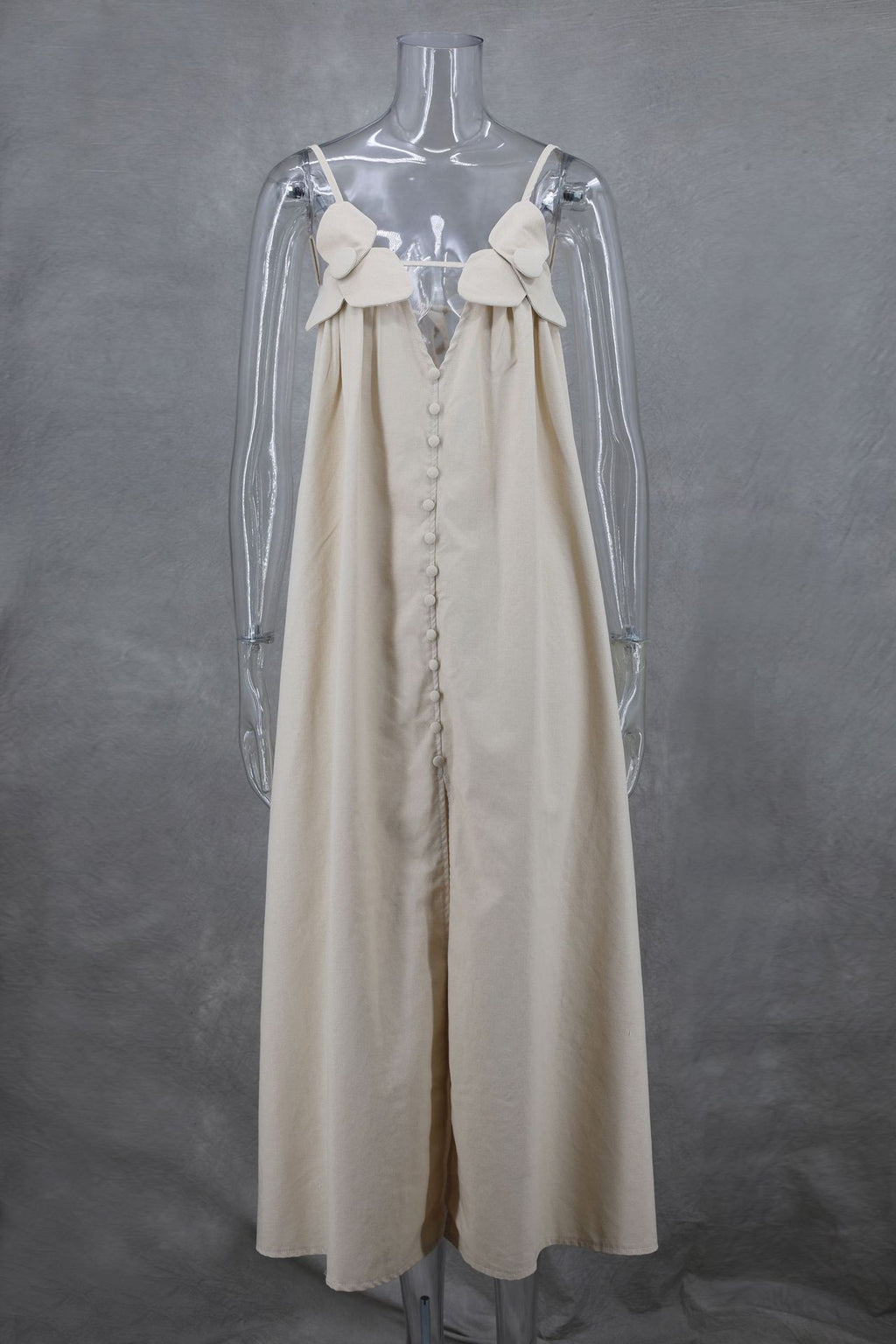 Bow Strap Button Front Slip Maxi Dress - beige - 1