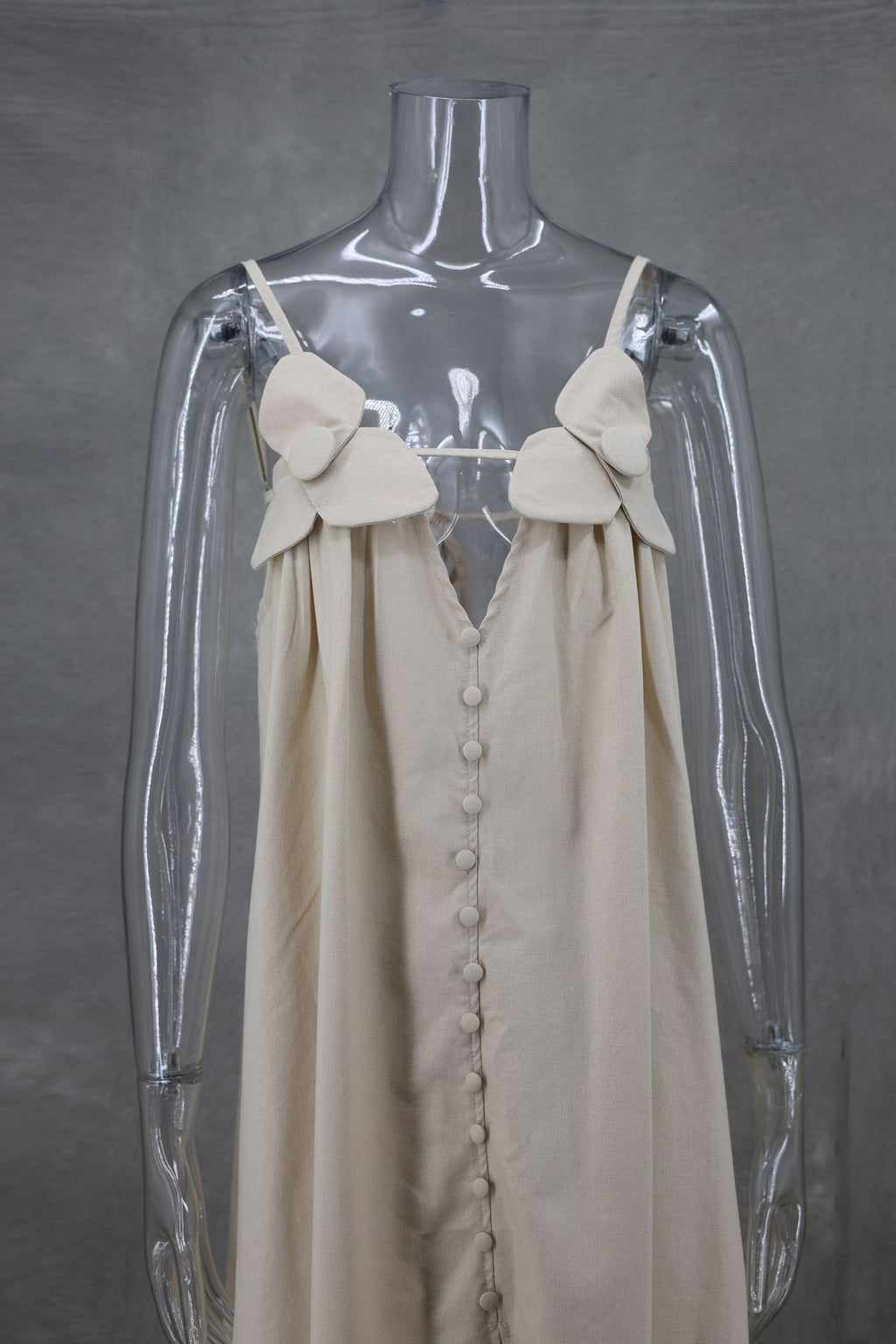 Bow Strap Button Front Slip Maxi Dress - beige - 10