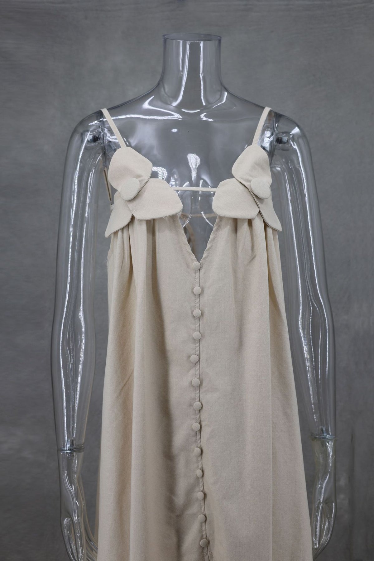 Bow Strap Button Front Slip Maxi Dress - beige - 10