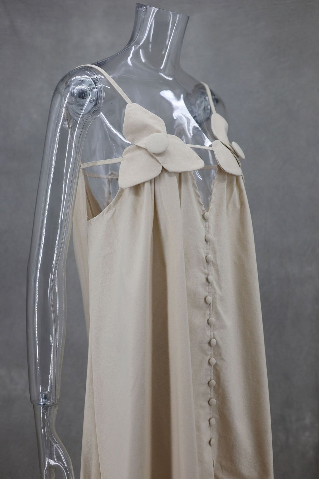 Bow Strap Button Front Slip Maxi Dress - beige - 11