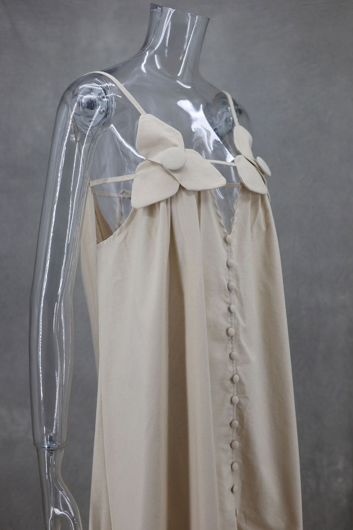 Bow Strap Button Front Slip Maxi Dress - beige - 11
