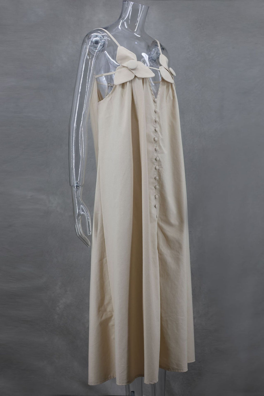 Bow Strap Button Front Slip Maxi Dress - beige - 2