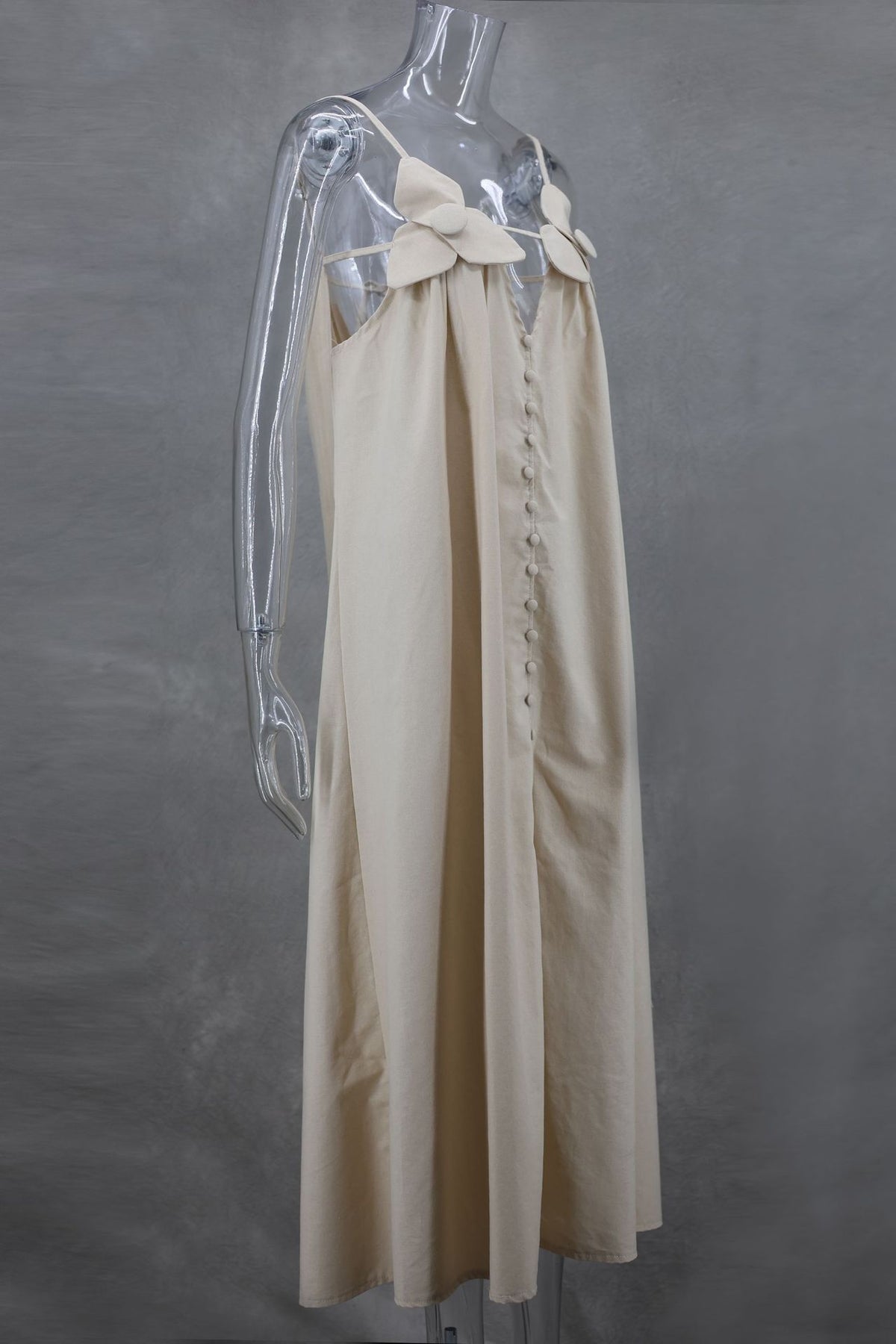 Bow Strap Button Front Slip Maxi Dress - beige - 2