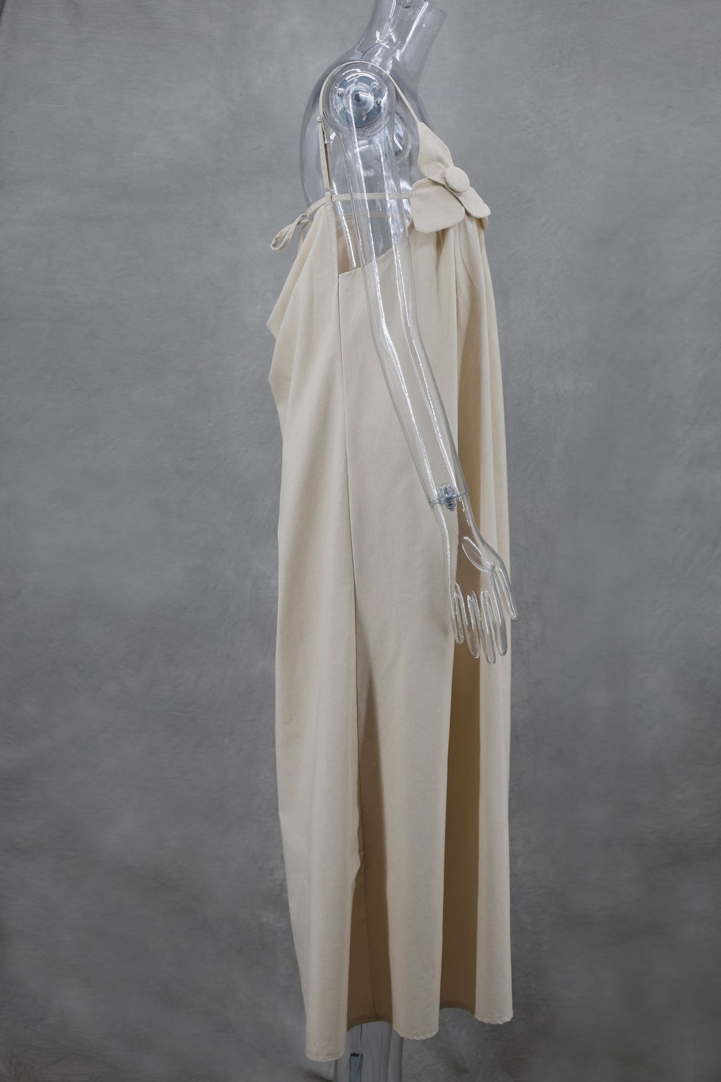 Bow Strap Button Front Slip Maxi Dress - beige - 3