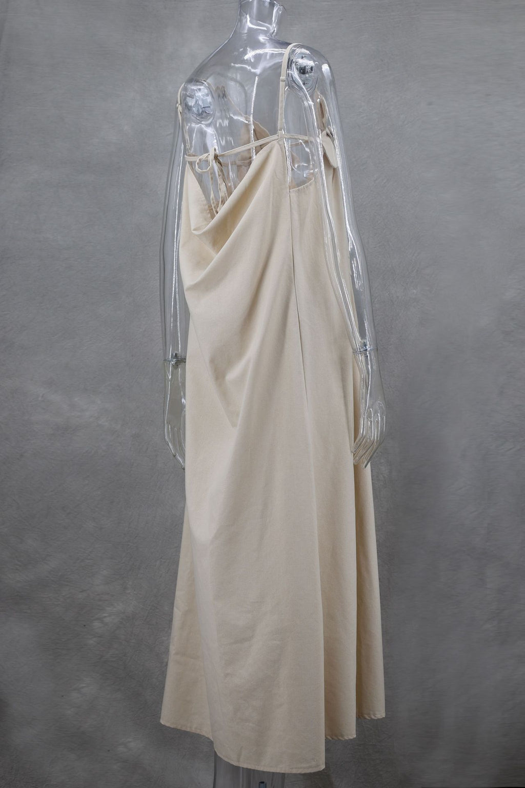 Bow Strap Button Front Slip Maxi Dress - beige - 4