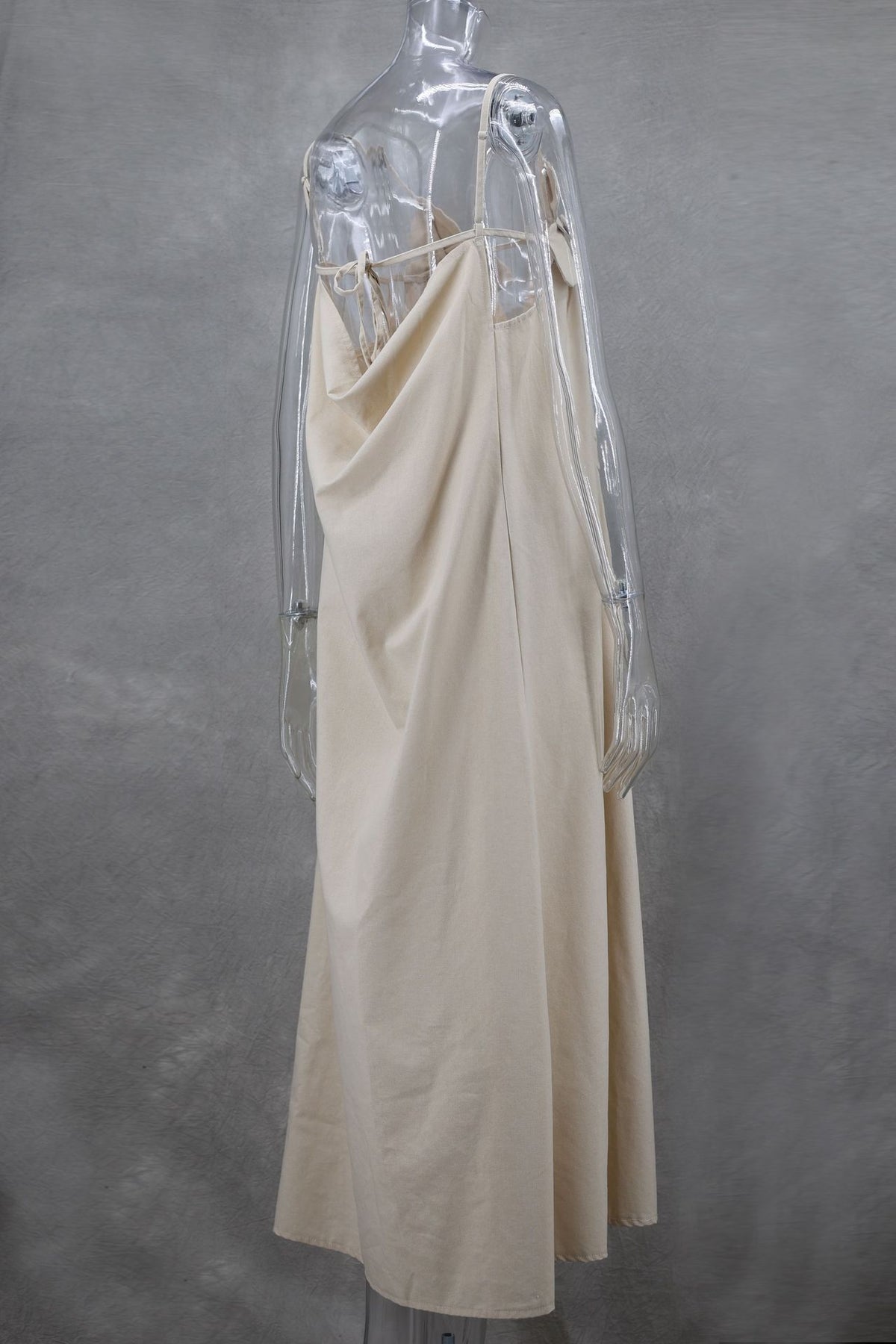 Bow Strap Button Front Slip Maxi Dress - beige - 4
