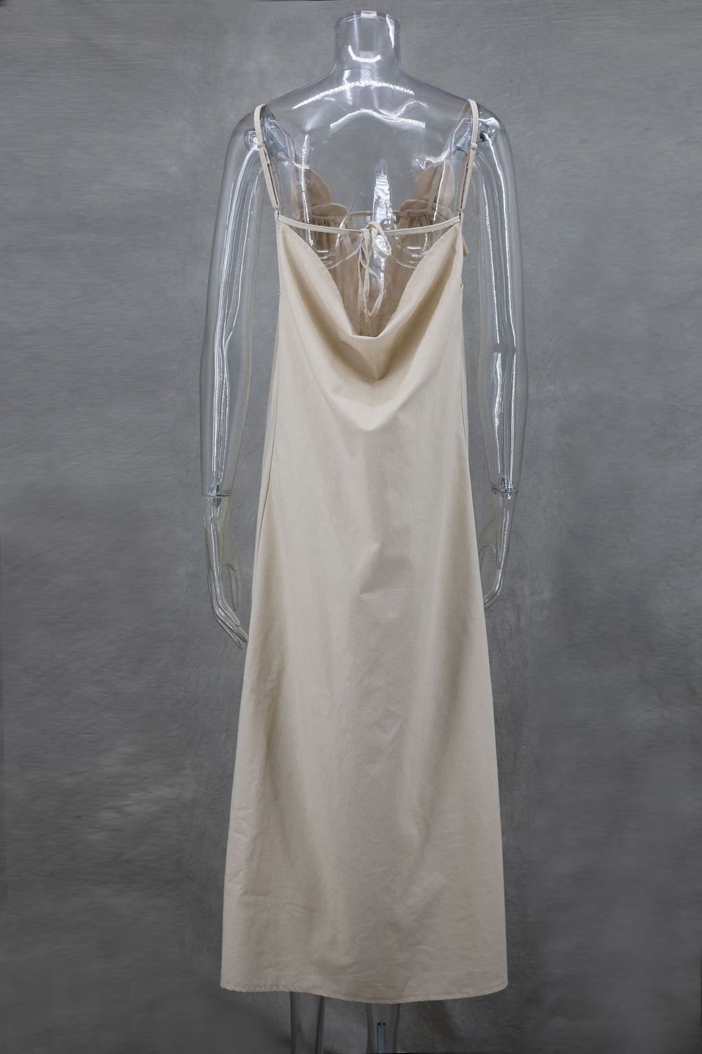 Bow Strap Button Front Slip Maxi Dress - beige - 5