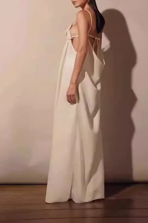 Bow Strap Button Front Slip Maxi Dress - beige - 7