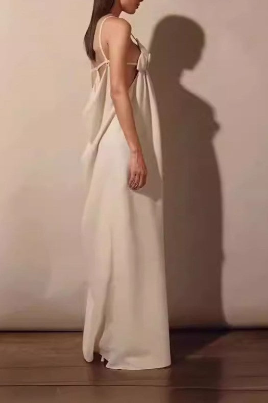 Bow Strap Button Front Slip Maxi Dress - beige - 8