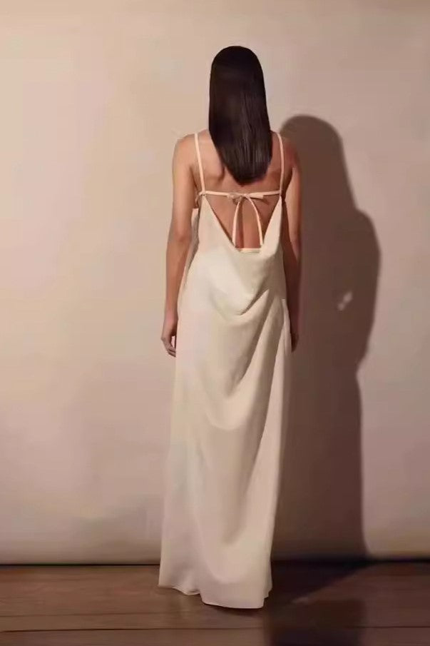 Bow Strap Button Front Slip Maxi Dress - beige - 9