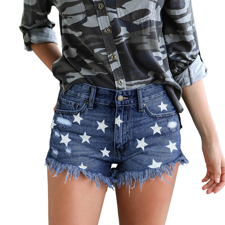 Star Print Distressed Frayed Denim Shorts - DarkBlue