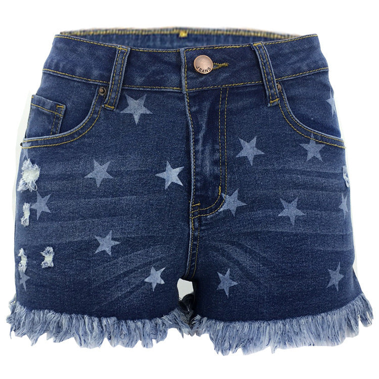 Star Print Distressed Frayed Denim Shorts - DarkBlue - 1