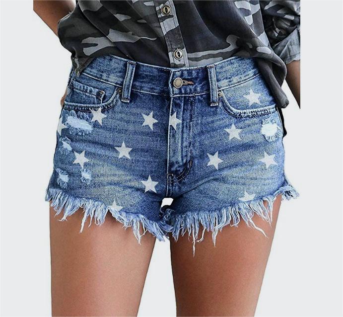Star Print Distressed Frayed Denim Shorts