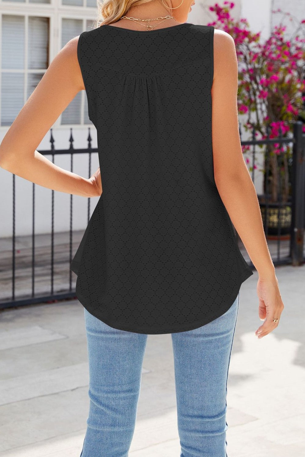 Button Yoke Eyelet Knit Sleeveless Tunic - Black - 1