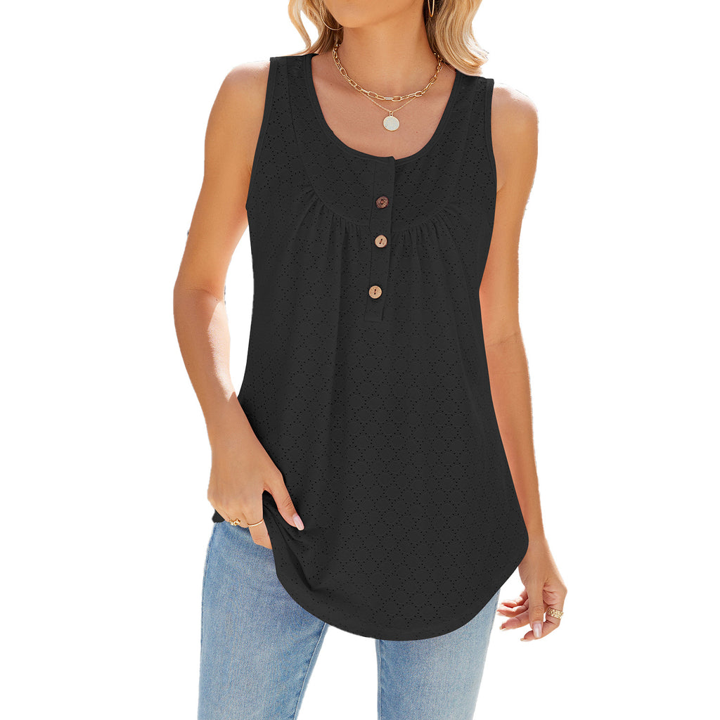 Button Yoke Eyelet Knit Sleeveless Tunic - Black - 2