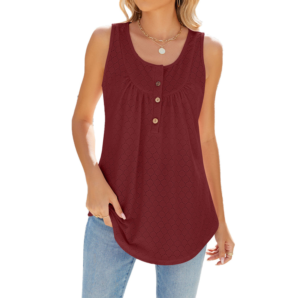 Button Yoke Eyelet Knit Sleeveless Tunic - Burgundy - 1