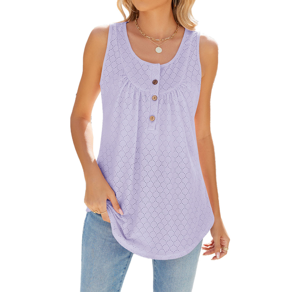 Button Yoke Eyelet Knit Sleeveless Tunic - Purple - 1