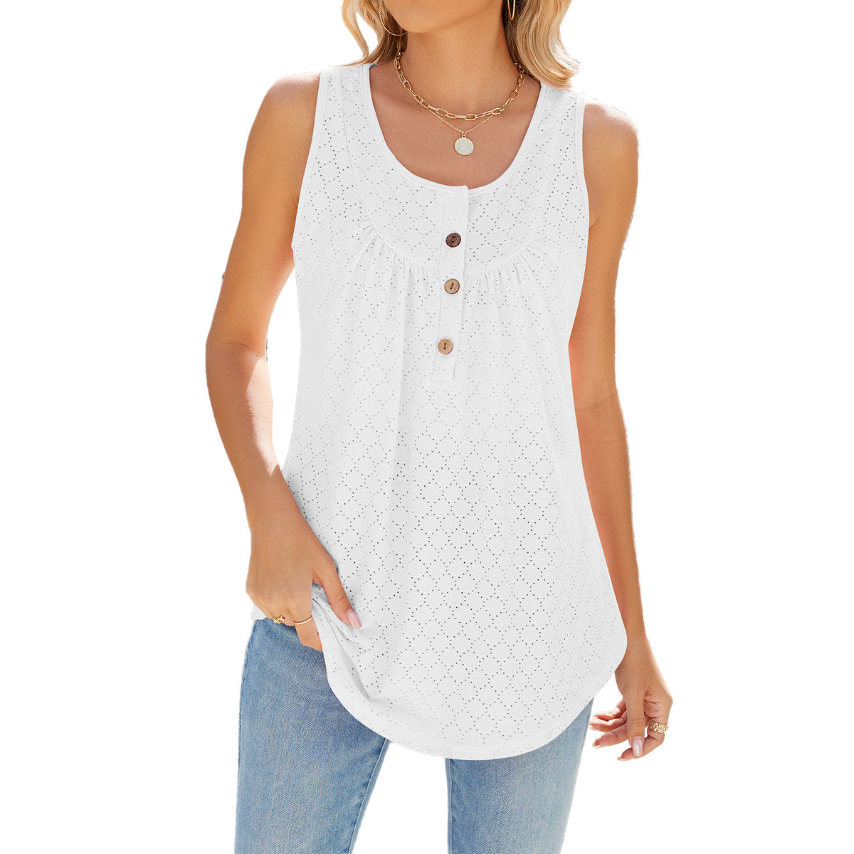 Button Yoke Eyelet Knit Sleeveless Tunic - White - 1