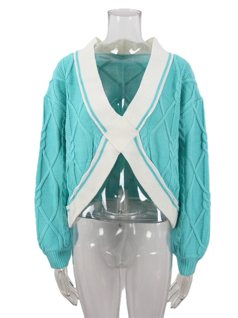 Contrast Crossover Cable Knit Cropped Sweater - Blue