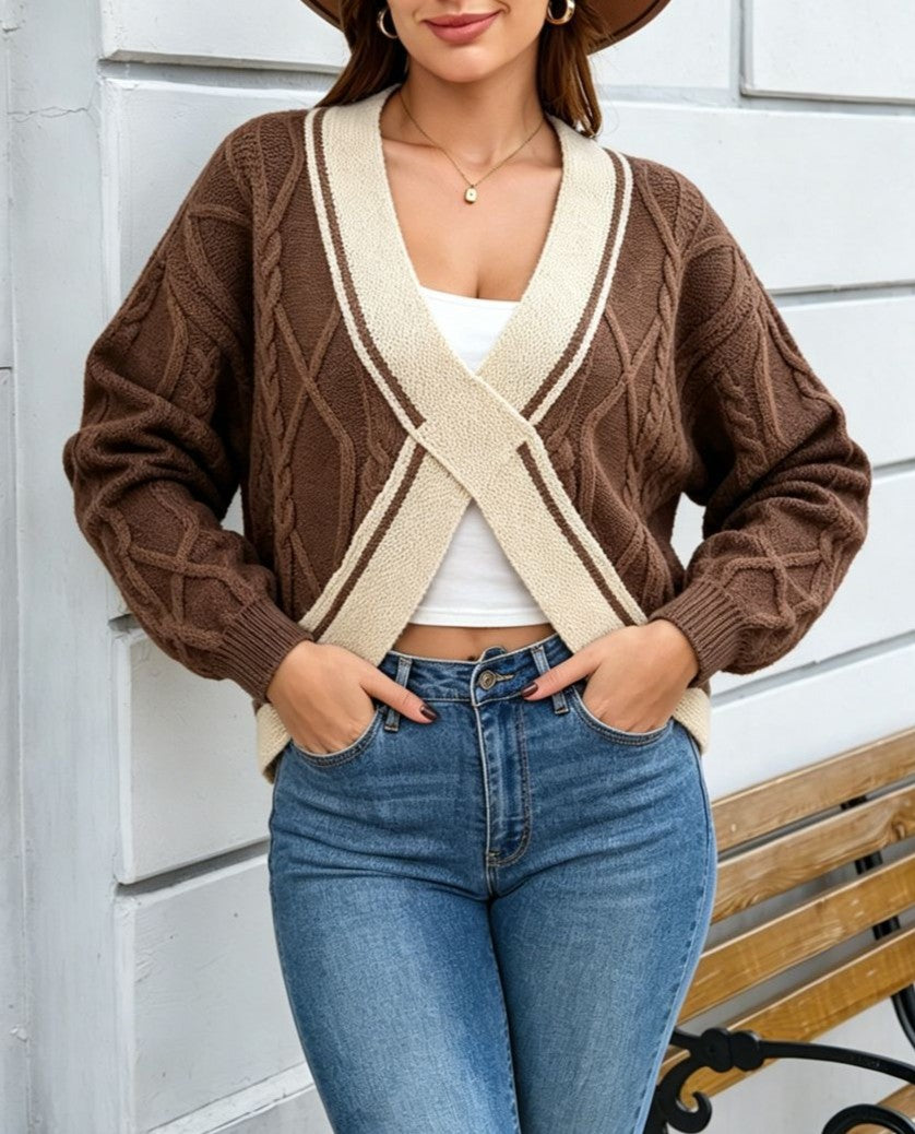 Contrast Crossover Cable Knit Cropped Sweater - Khaki
