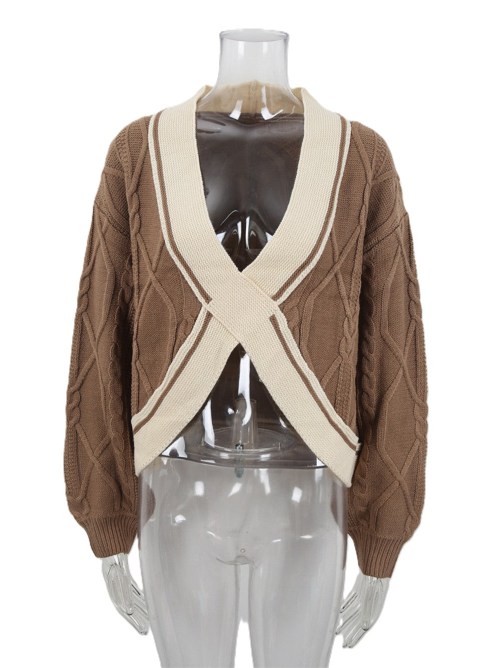 Contrast Crossover Cable Knit Cropped Sweater - Khaki - 1