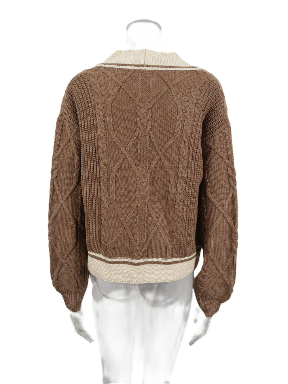 Contrast Crossover Cable Knit Cropped Sweater - Khaki - 2