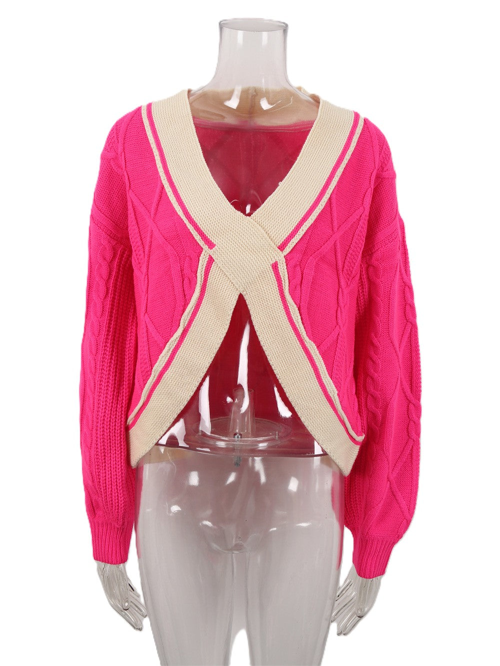 Contrast Crossover Cable Knit Cropped Sweater - Rosered