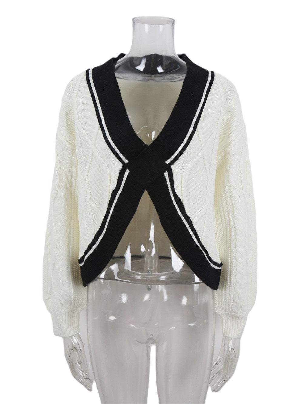 Contrast Crossover Cable Knit Cropped Sweater - White