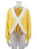 Contrast Crossover Cable Knit Cropped Sweater - Yellow