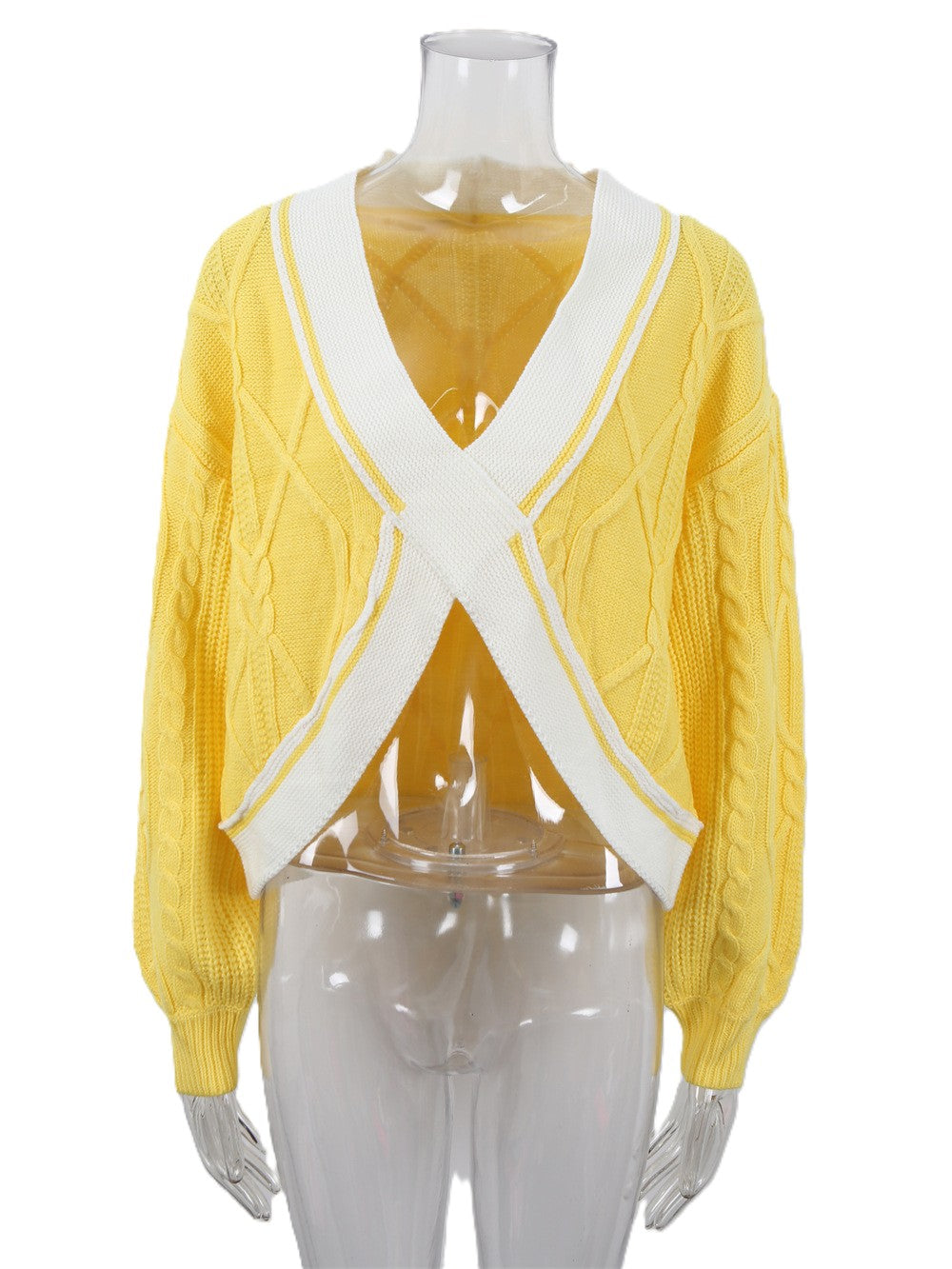 Contrast Crossover Cable Knit Cropped Sweater - Yellow